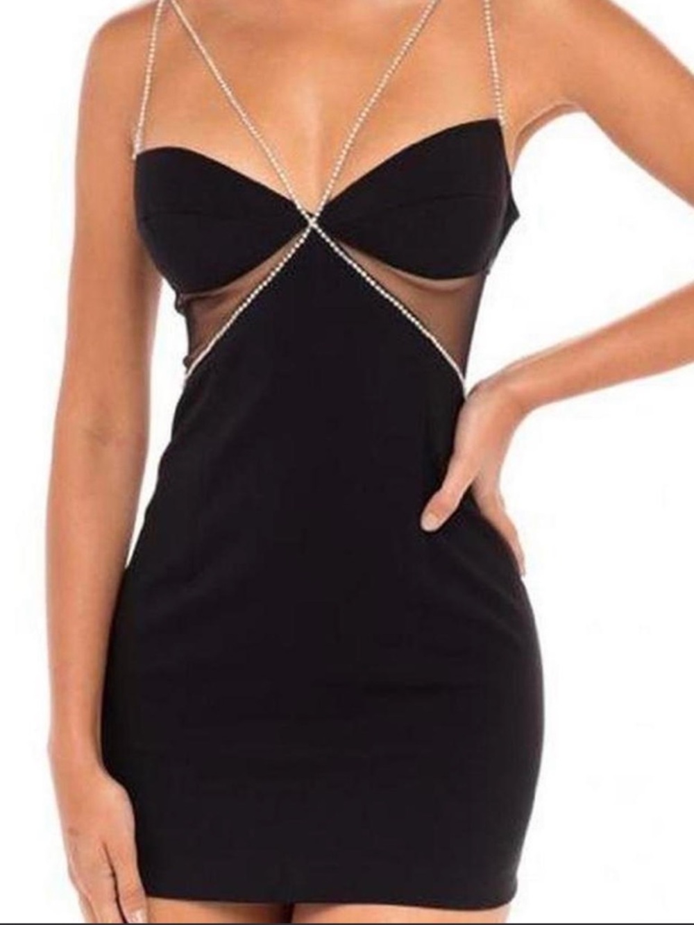 Black Chain-Trim Mesh Bodycon Mini Dress